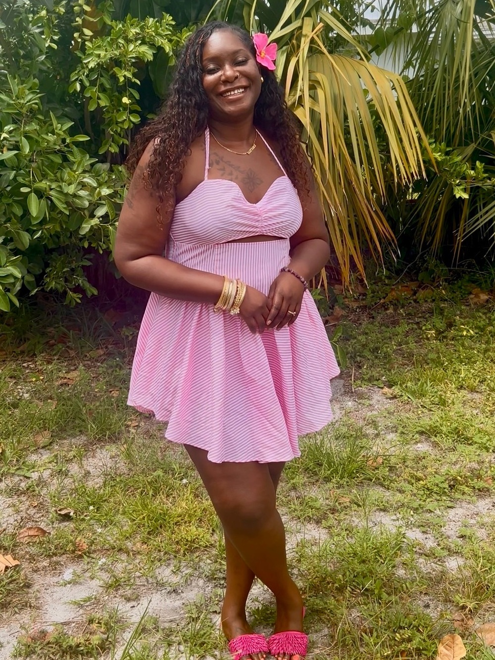 Pink Striped Halter Fit & Flare Dress - Women